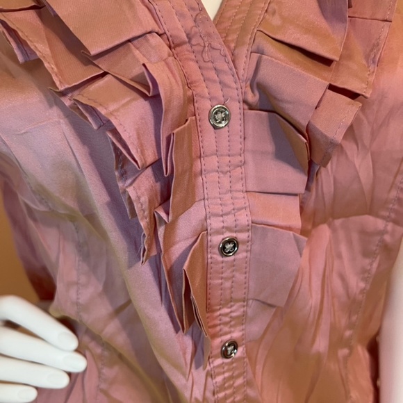 Express Metallic Rose Gold Ruffled V Neck Collar Button Down Blouse - Picture 3 of 7